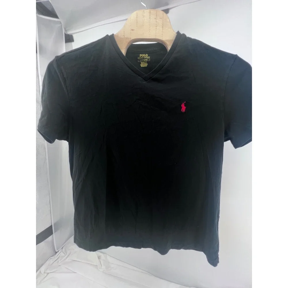 Polo Ralph Lauren Mens Classic Fit V-Neck T-Shirt Black Red Pony‎ Logo Large